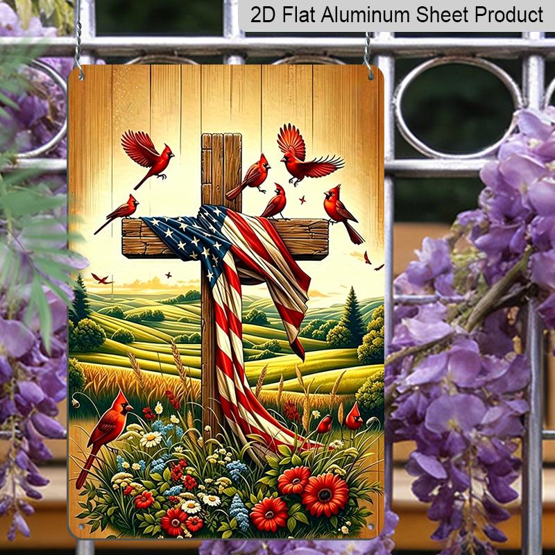 2D Flat American Flag Cross with Cardinals Metal Sign Durable Aluminum Material 8*12 Inches USA Christian Wall Decor Patriotic Church Decor
