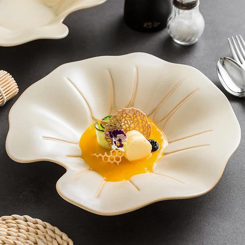 Lotus Dish Dishes Plate Dinnerware Ceramic French Tableware Wedding Table Decor Dessert Fruit Salad Bowl Pasta Steak Sushi Plate