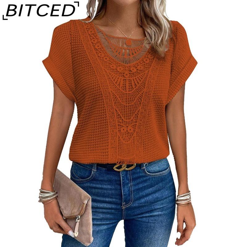 BITCED Women's Spring/Summer Lace-Patchwork Short-Sleeve T-Shirt