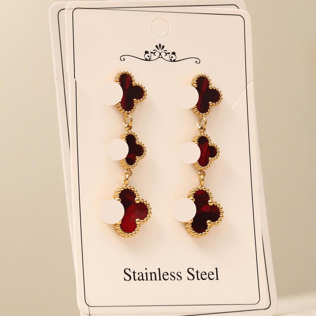 High-End Four-Leaf Clover Tassel Stud Earrings - Stainless Steel, Light Luxury Design