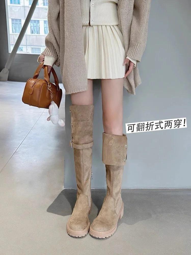 Long tube boots for women 2025 new autumn over knee snow boots knight boots with plush thick heels and slim boots