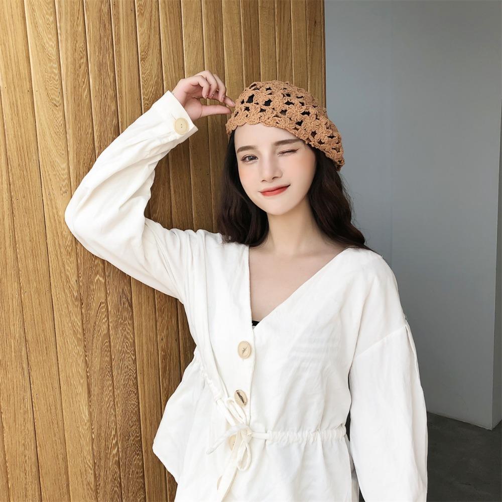 Cotton Lace Hollow Flower Hat Breathable Spring Crochet Knitted Cap Hollowed Out Beret Hat  Women