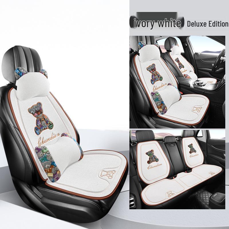 Four Seasons Universal Linen Car Seat Cushion - Cartoon Bear, Breathable, Half-Wrap Rear Seat Cover