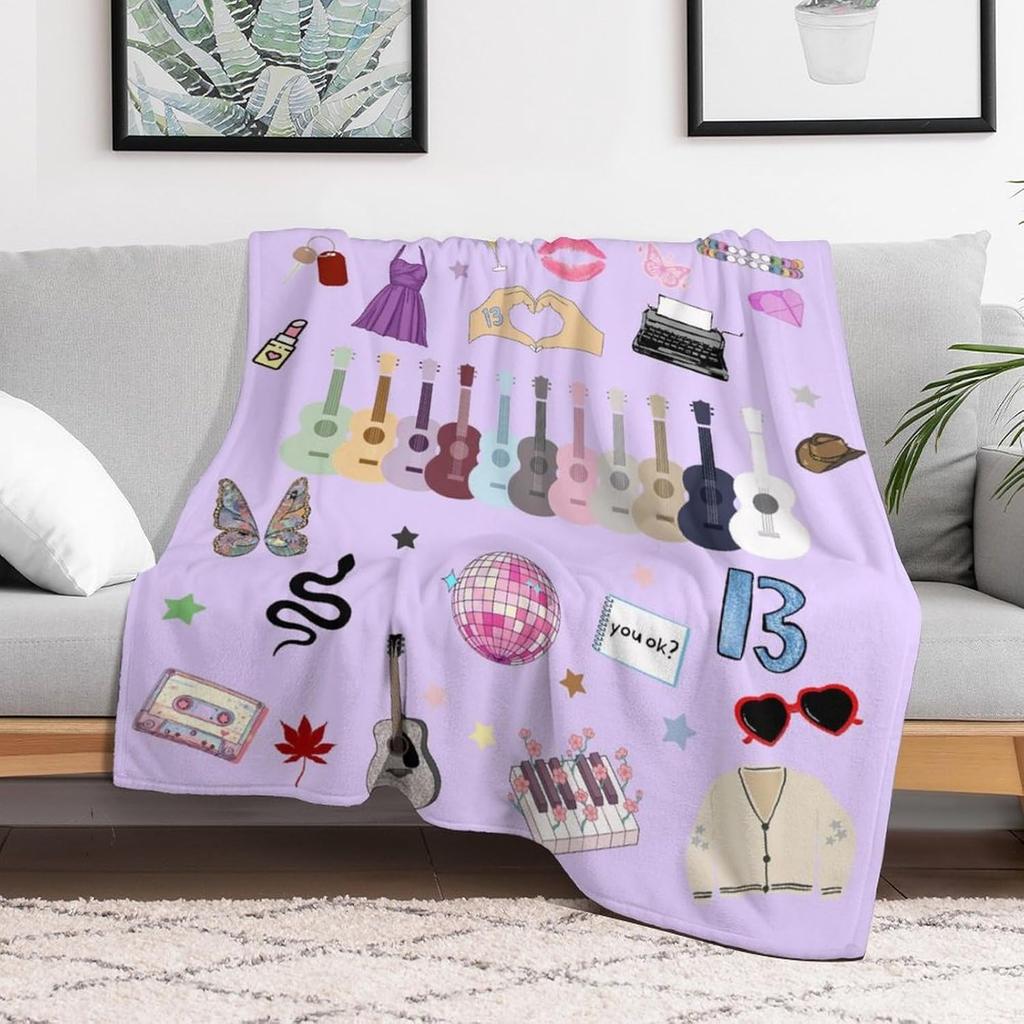 Music Fans Print Throw Blanket Pink Purple Album Design Lightweight Cozy Fleece Plush Flannel Bedding for Couch Sofa Bed Gifts f