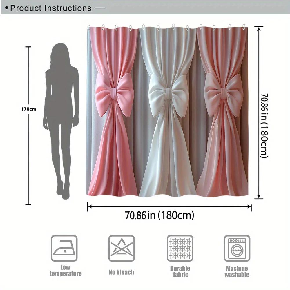 Pink & Peach Bow Shower Curtain - Light Gray Drapes, 12 Hooks, Washable Polyester, Elegant Bath Decor