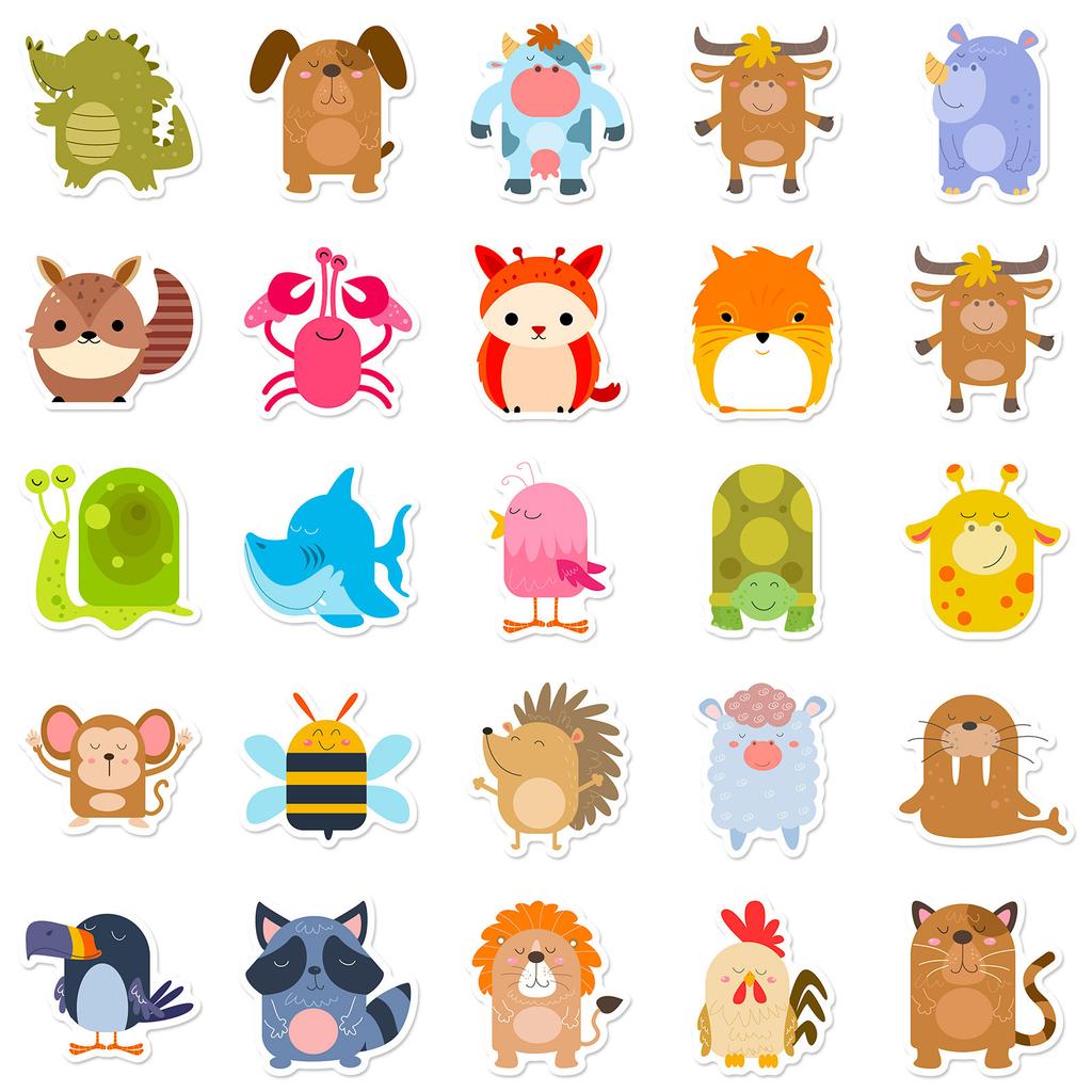 50 Round Animal Stickers Cute Cartoon Fun Round Animal Stickers Graffiti