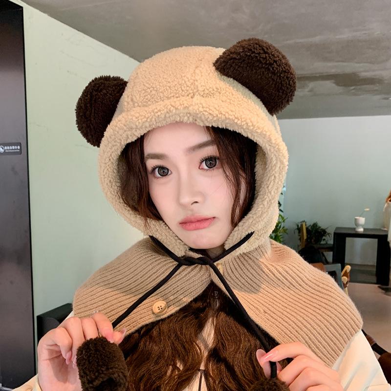 Autumn and winter cute bear hat female thermal ear protector plush hat knitted wool shawl pullover hat