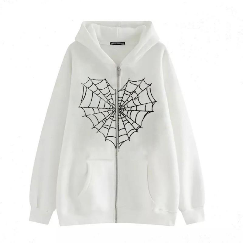 Colorful Spider Web Print Zip Up Hoodie Loose Fit Streetwear Y2K Couple Outerwear