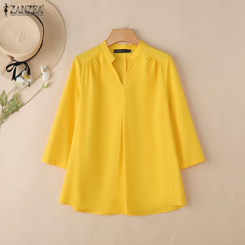 ZANZEA Damen Lockerer V-Ausschnitt 3/4-Ärmel Einfarbig Lässige Bluse