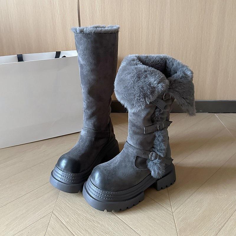 First encounter season thick-soled gray long-tube fluffy snow boots winter velvet and thin Northeast boots 35