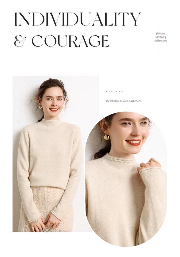 Women’s Cashmere Half-High Roll-Neck Sweater: Thick, Loose, Long Sleeve Pullover for Autumn/Winter.