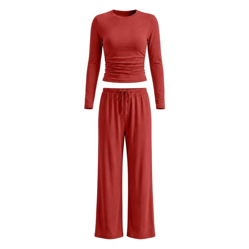 Womens Solid Color Casual Long Sleeve Top Pants Set Streetwear