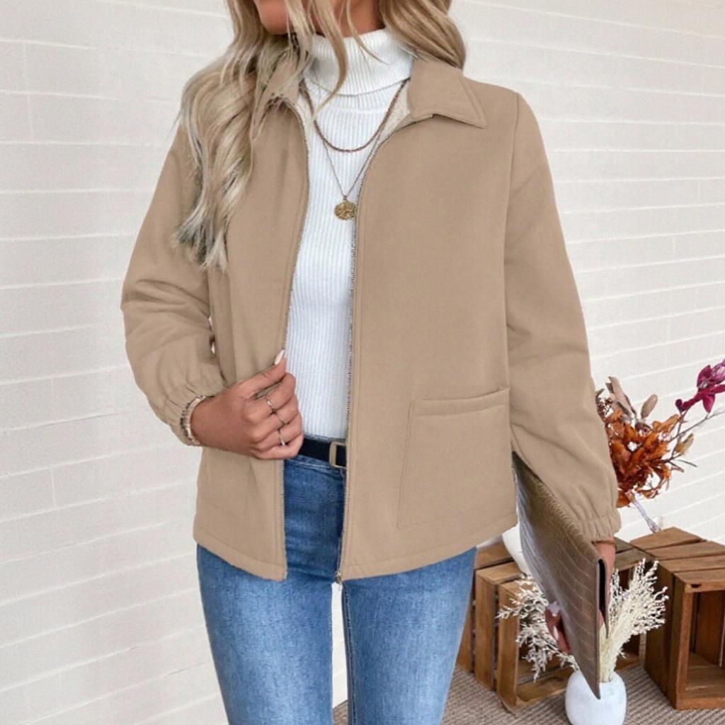 Damenmode Lässig Revers Einfarbig Reißverschlusstaschen Jacke