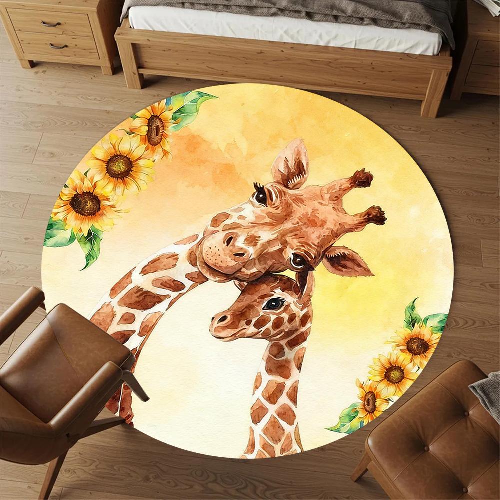 1pc Giraffe Sunflower Round Chair mat office Area Rug - Non-Slip, Floor Mat for Office, Bedroom, and Indoor Decor p127284