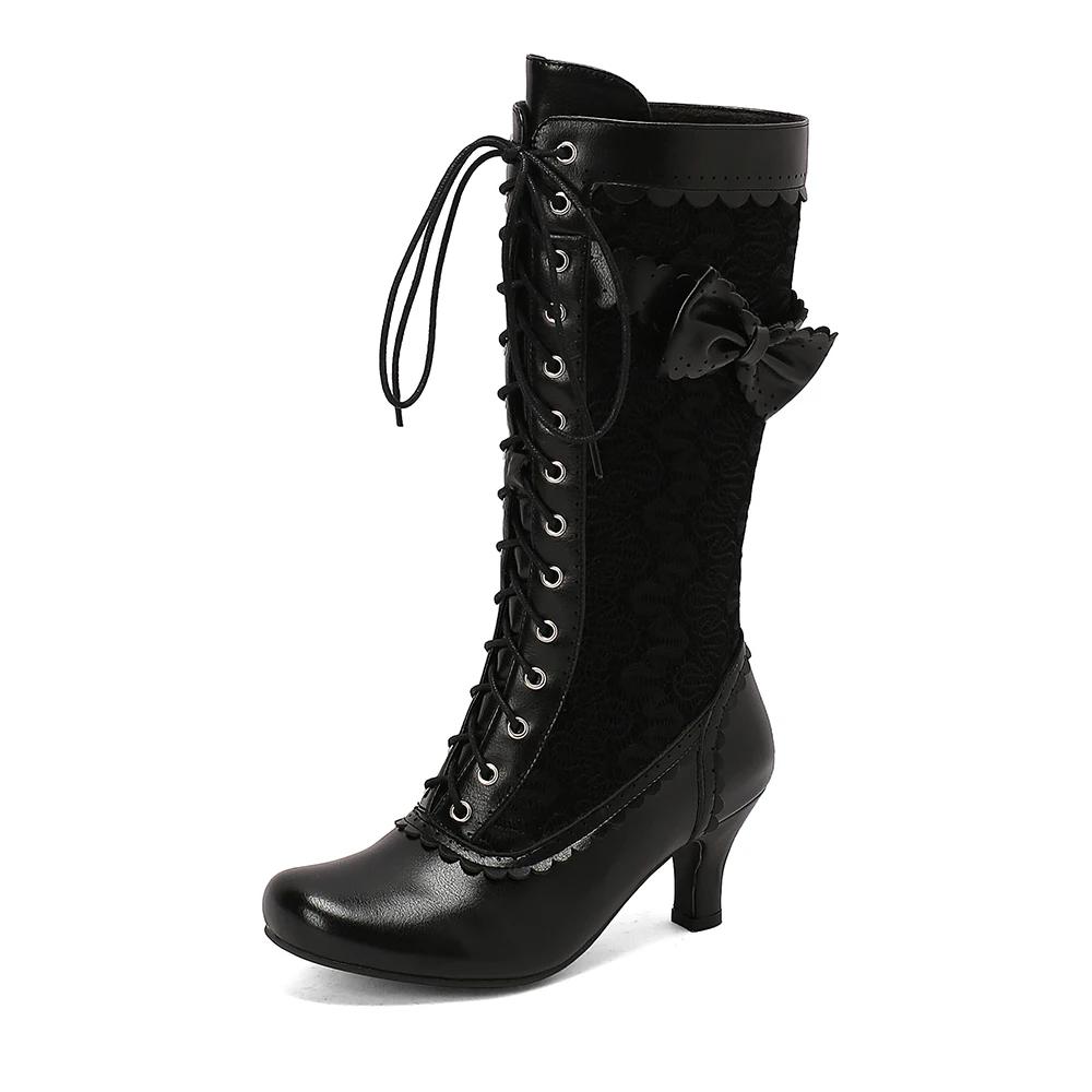 Autumn Winter Vintage Women Victorian Boots Lace Up High Heel Bootie Cross Straps Lolita Princess Cosplay Party Costume Shoes