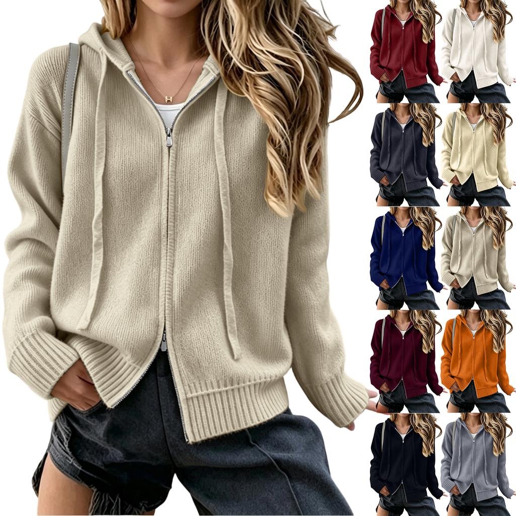 Women's Color Zip-Up Hooded Knit Cardigan Long Sleeve Sweater Jacket