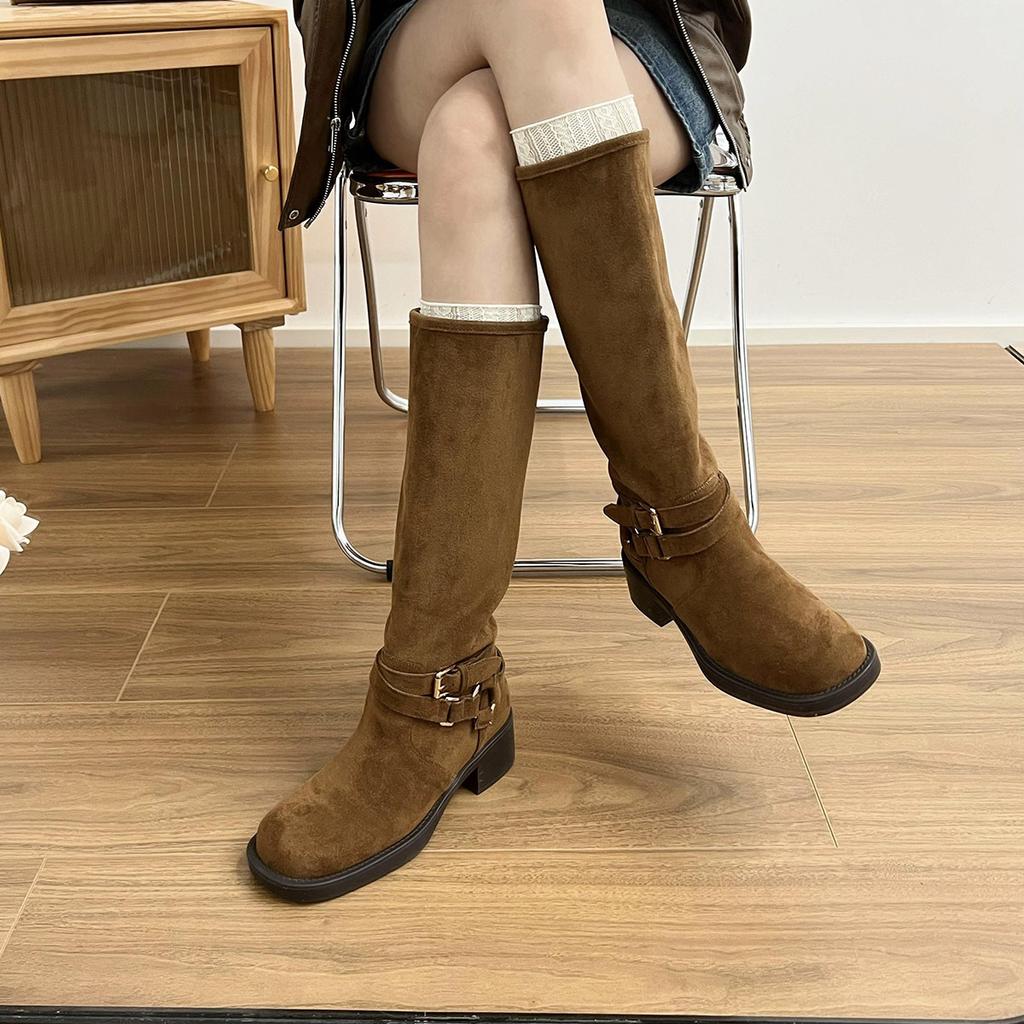 Wasteland wind frosted leather thick heel belt buckle round head western boots women