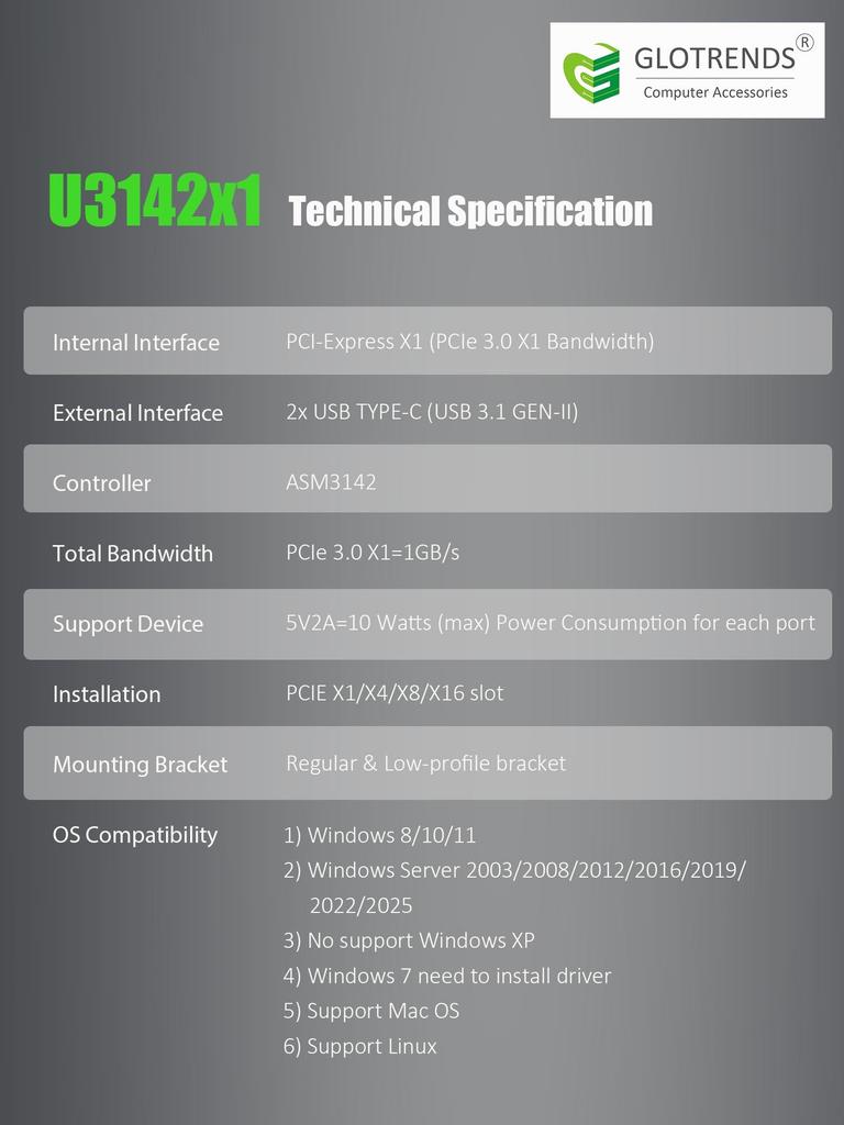GLOTRENDS U3142CX1 10Gb USB Gen2 naar PCIE X1 Uitbreidingskaart met ASM 3142 Standaard en Low Profile Beugel 2-Poorts 3.1 Type-C Chip,