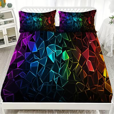 3pcs Geometric Crystal Flat Sheet 3D Printed Rainbow Pattern Fitted Shee Sets With Pillowcases No Filling Cool Visual For Teen