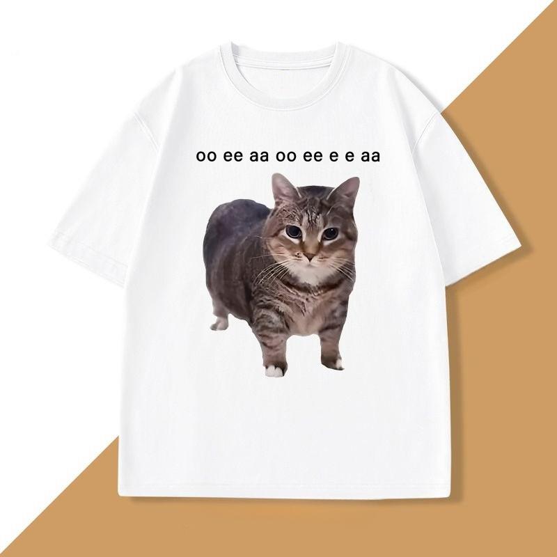 Funny Cat Lover Meme T Shirt Vintage Graphic Tee Print Round Neck Short Sleeved T-shirt Top Clothing