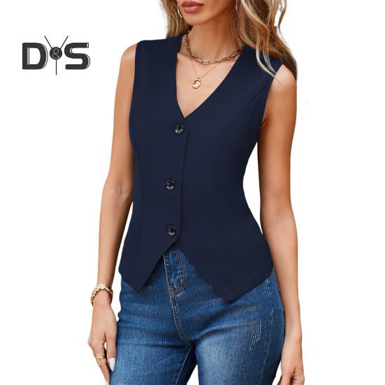 Women's Dressy Suit Vest V-Neck Button Down Blazer Waistcoat Sleeveless Crop Top Slim Fit Work Office Outfit