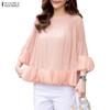 Women Casual Round Neck 3/4 Sleeve Loose Pleated Blouse