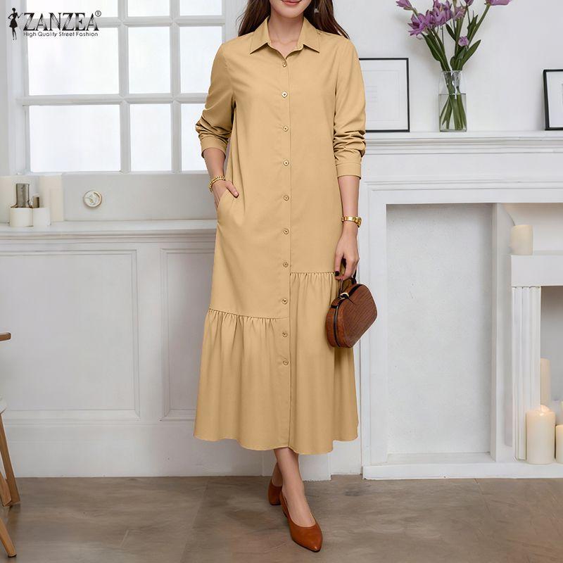 ZANZEA Women Casual Turn Down Collar Loose Long Sleeve Shirt Dress