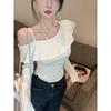 Autumn Sweet & Spicy Korean Ruffled Asymmetrical Camisole T-shirt: Women's Slimming, Versatile Long-sleeve Top