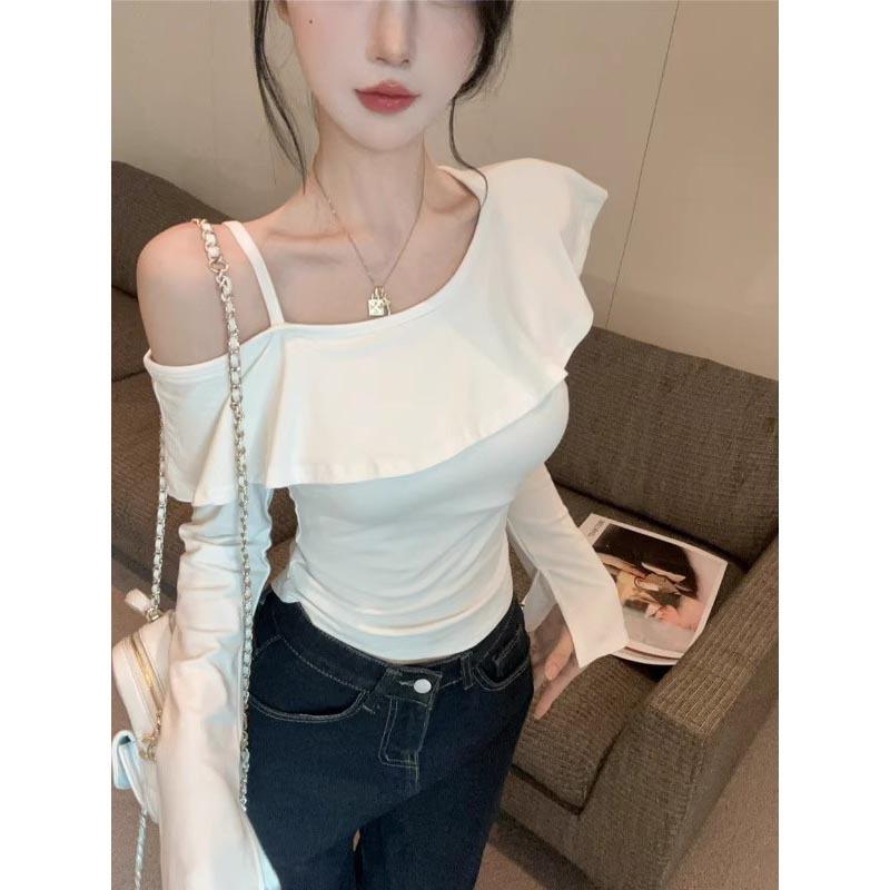 Autumn Sweet & Spicy Korean Ruffled Asymmetrical Camisole T-shirt: Women's Slimming, Versatile Long-sleeve Top