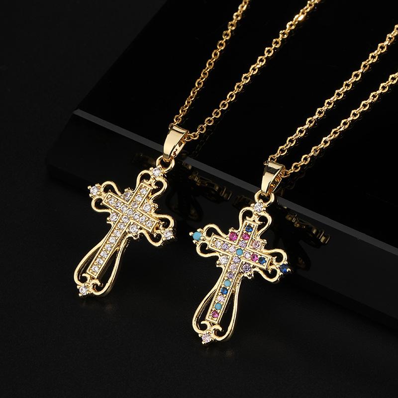 Light Luxury Cross Necklace Niche Unique Colorful Zircon Pendant Necklace Fashionable Versatile High-end Necklace