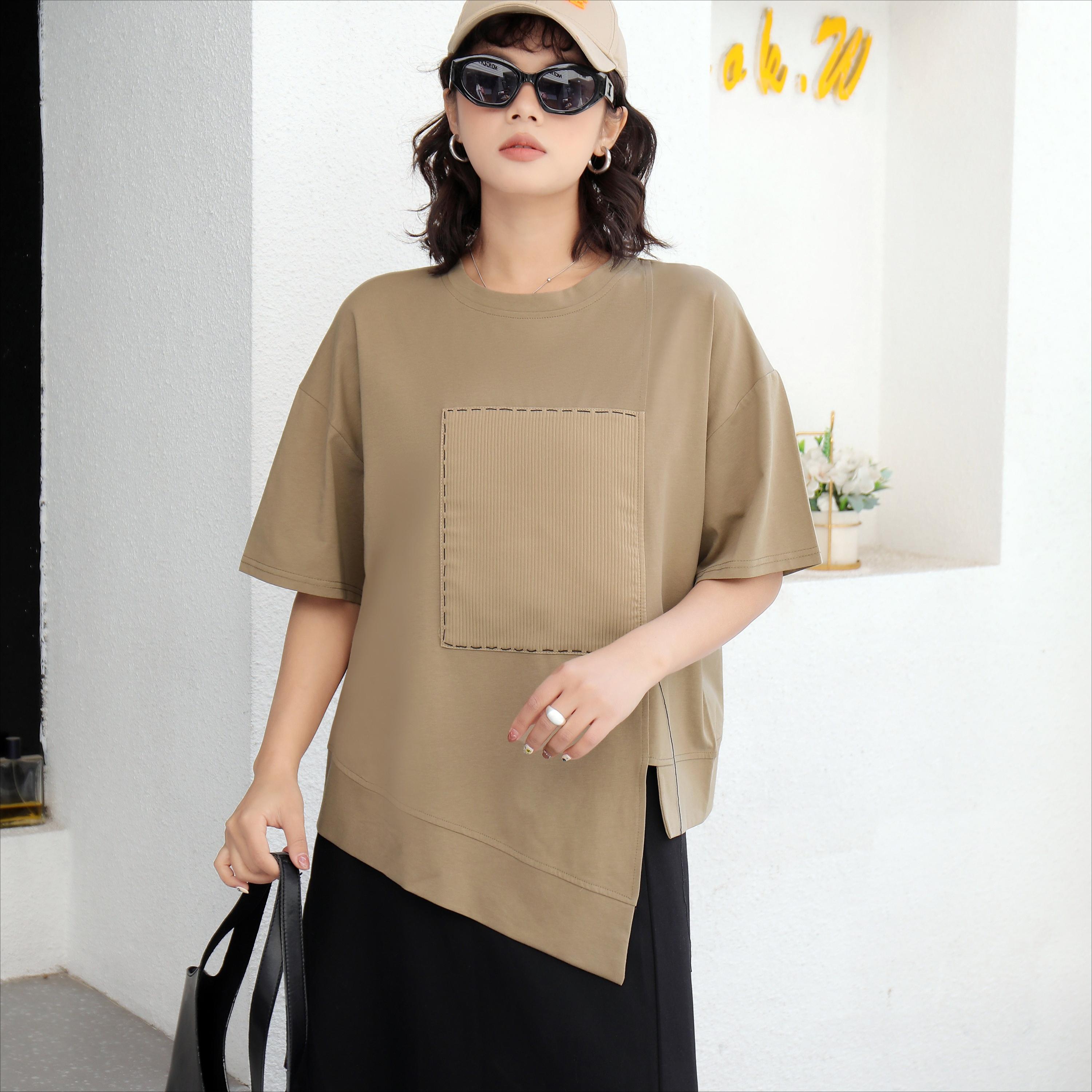 

DIMANAF 2025 Летняя футболка с карманом Женская с принтом Асимметричная с коротким рукавом Свободная Белая Черная One Size