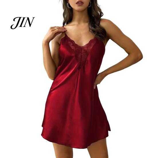 Strap Shoulder Sleep Dress Women s Satin Nightgown, Sexy Lace V Neck Chemise Women Sleepwear Mini Nightdress, Sleeveless Full Slip Bodydoll S