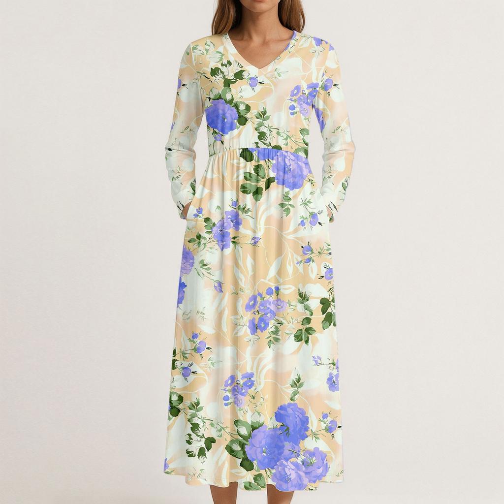 Kjole for kvinner Lang Boho Strandkjole Elegant Maxikjole V-hals Langermet Kjole med Lommer