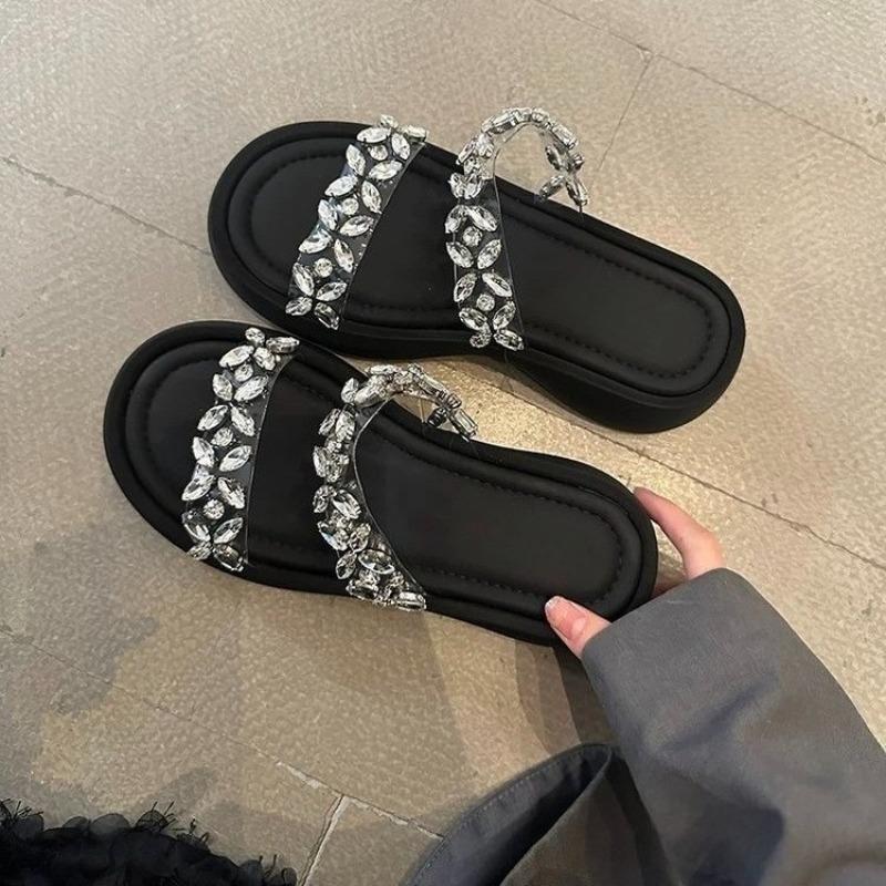 Fashion Rhinestone Transparent Belt One-word Cool Drag, Wear Outside Summer New Round-toe Platform Platform Heightened Small Sandals