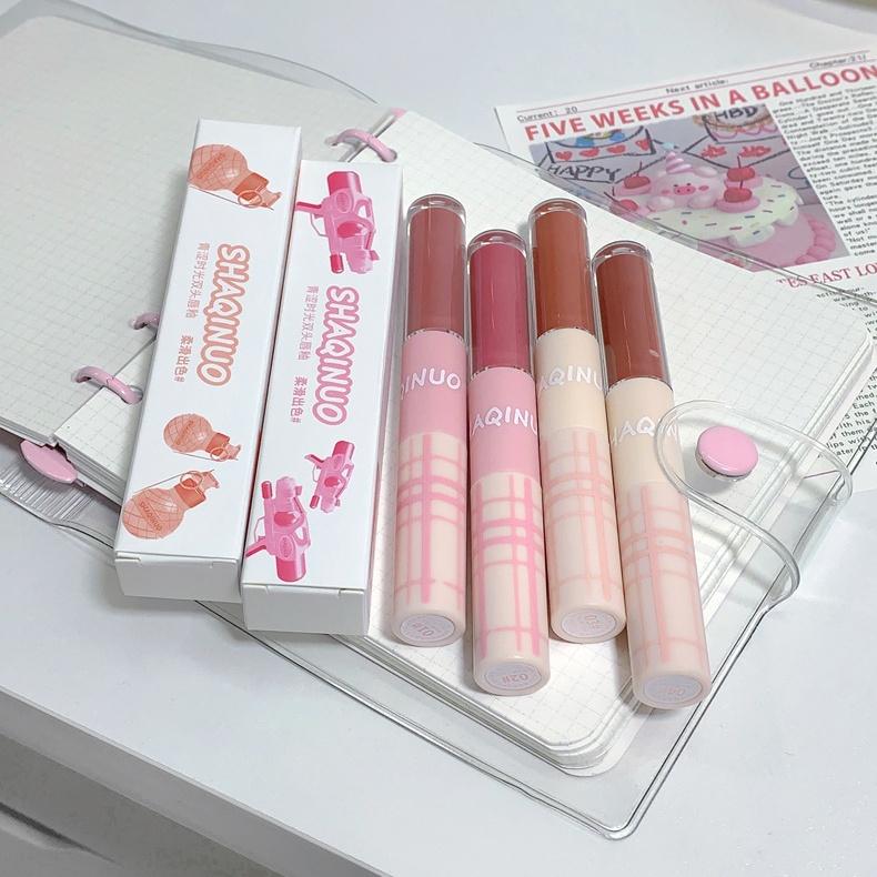 SHAQINUO ორმაგი დაბოლოების პომადა, მქრქალი ტუჩის მინანქარი სარკისებური ტუჩის სიპრიალის გრძელვადიანი ფერის წყალგაუმტარი 2 ფერის პომადა