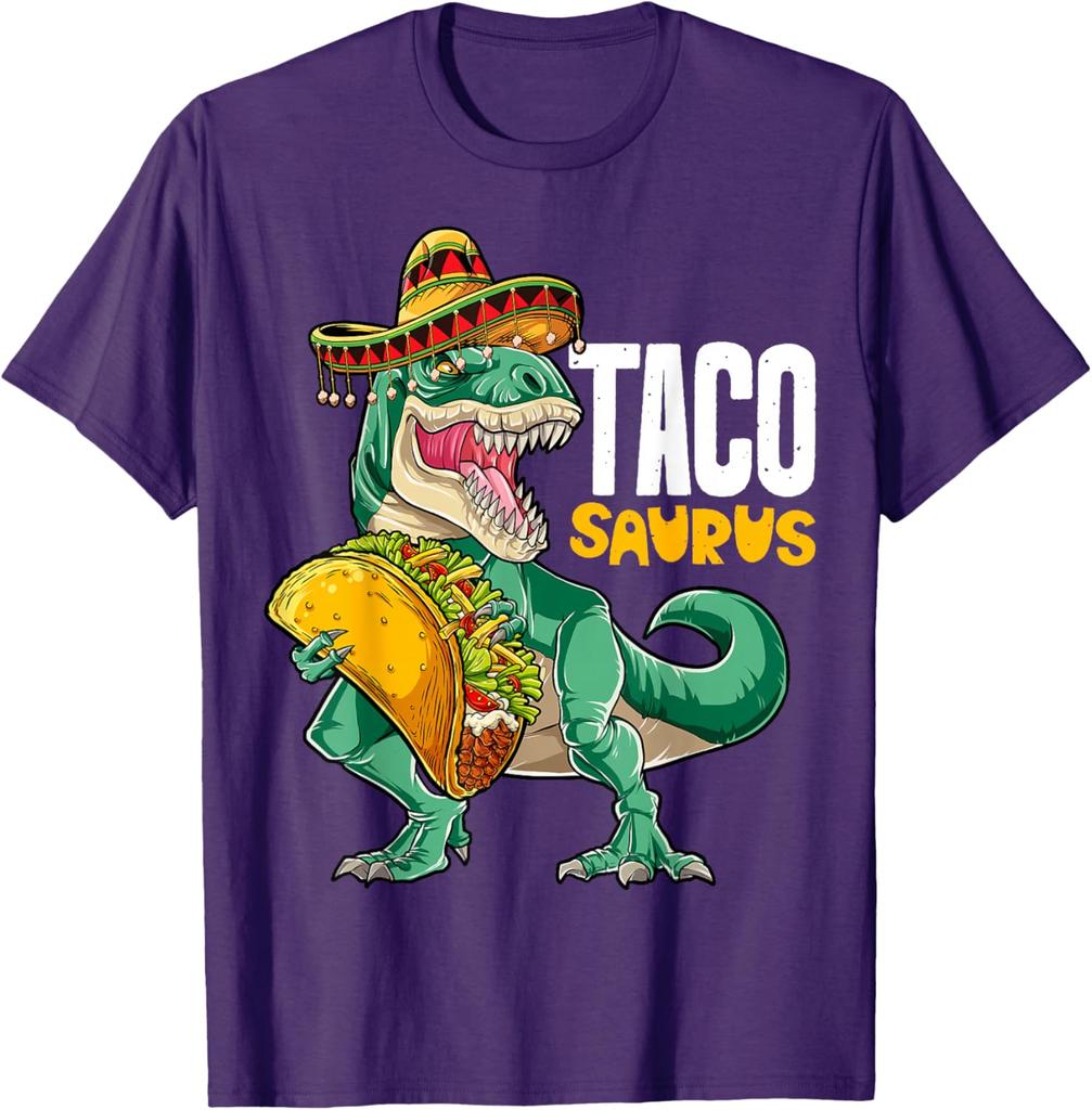 Tacosaurus Dinosaur mit Taco Sombrero Grafik T-Shirt Baumwolle Lässig Kurzarm T-Shirt für Herren