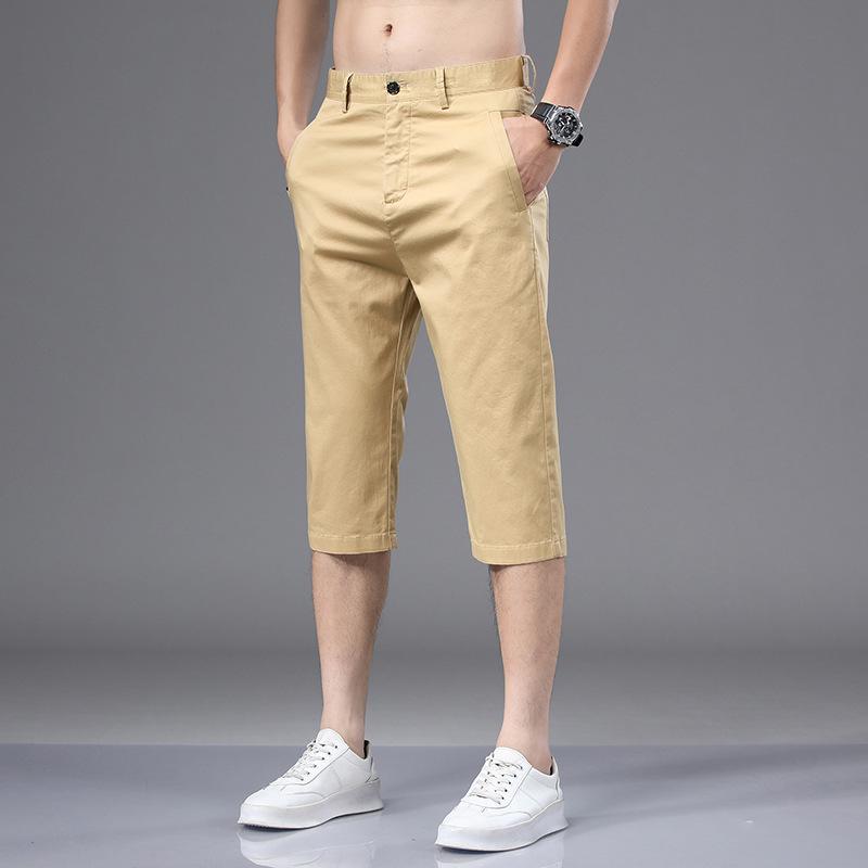 Summer Mens Cotton Cropped Pants Fashion Casual Loose Leg Straight Trouser Vintage Calf-Length Shorts Streetwear