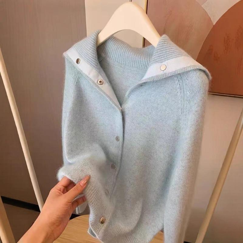Lapel milk whirring blue soft waxy outer sweater jacket knitted cardigan women's loose lazy style high-end top