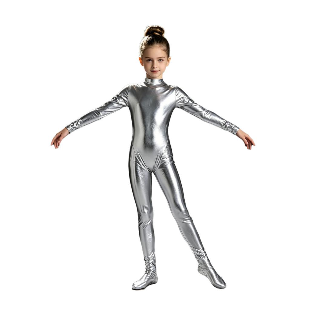 Long Sleeve Front Zip Metallic Footed Bodysuit for Girls Shiny Unitard Jumpsuit Stage Performance Dance Competition