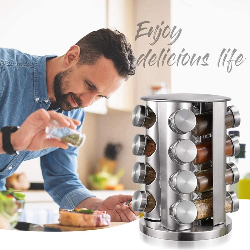 12/16/20 Jars Kitchen Seasoning Storage Organizer Stainless Steel Spice Rack 360° Rotating Carousel Spice Jar Storage Rack