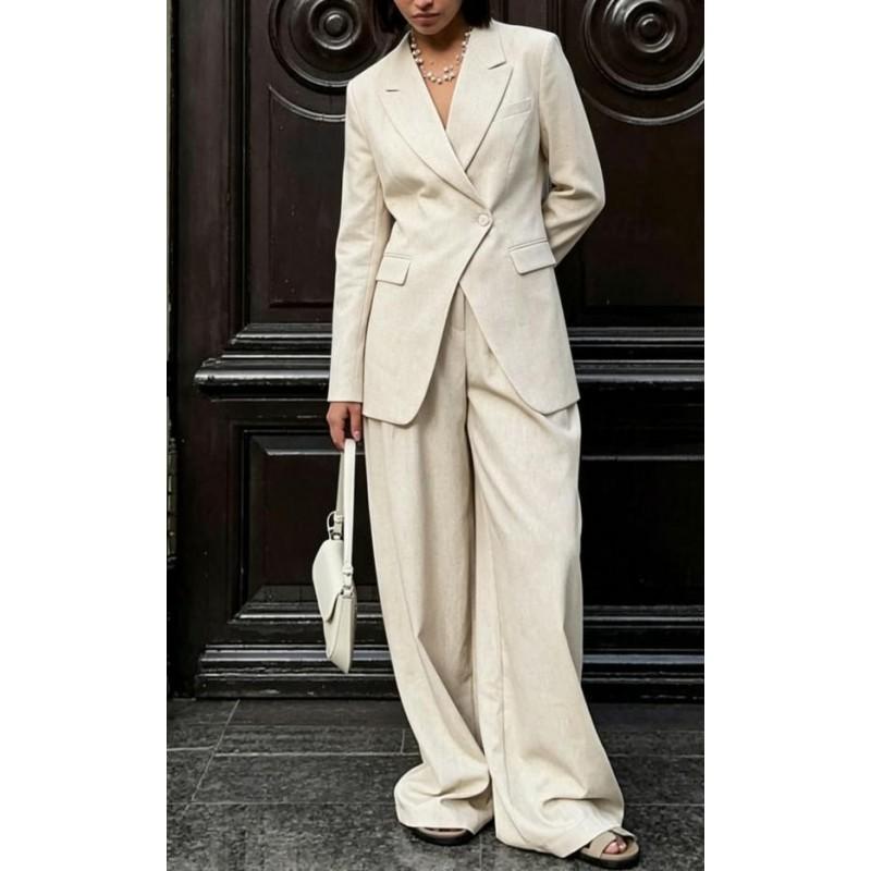 Womens 2026 Winter Solid Color Button Front Long Sleeve Blazer Pants Two Piece Set Elegant Office Wear