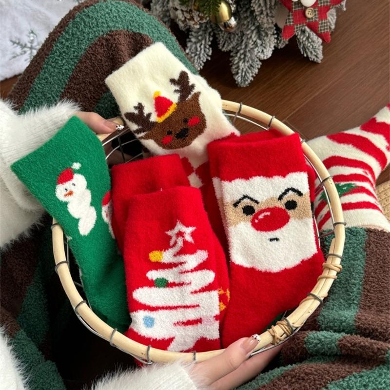 Coral Fleece Floor Crew Socks Christmas Pattern Winter Thermal Warm Fuzzy for Women Men Winter Indoor Slipper Hosiery