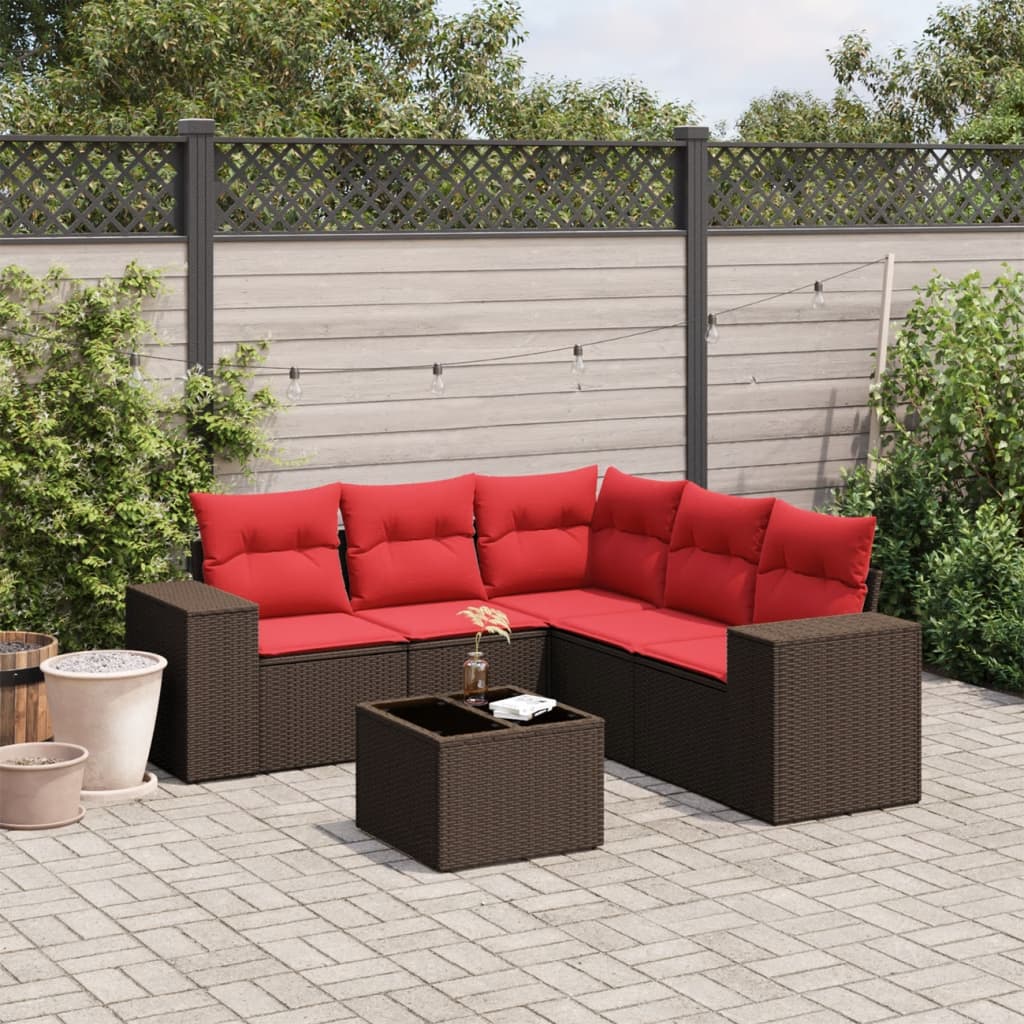 6 Piece Garden Sofa Set with Cushions Brown Poly Rattan