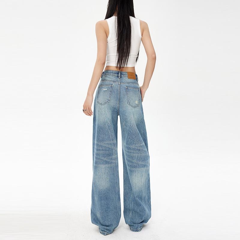 American Ripped Jeans Women's Spring and Summer Retro Destruction Loose Washed Straight Wide-leg Pants Mopping Long Pants