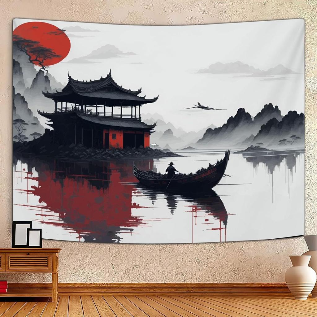 1 piece traditional Chinese landscape tapestry, polyester fabric, suitable for bedroom and living room interior decoration