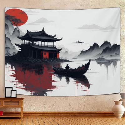1 Piece Traditional Chinese Landscape Tapestry, Polyester Fabric, Suitable for Bedroom and Living Room Interior Decoration