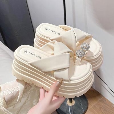 Fashion 8CM Embed Rhinestones Heels Wedge Slides Sandals Women Casual Outdoor Slippers Female Summer Beach Slipper Walking Chunky Shoes