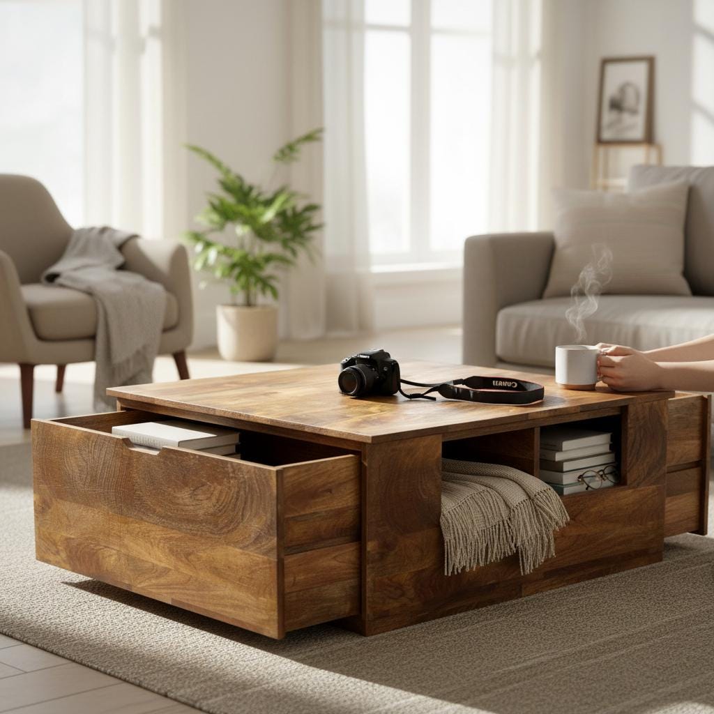 Wooden Central Side Desk Drawer Coffee Table | Indian Bedside Nightstand Bedroom Furniture | Solid Wood with Hidden Storage | Center table
