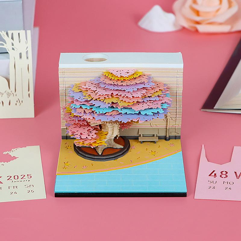 Časový kalendář 2026 Stolní kalendář s LED světlem 3D odtrhávací kalendář Papírové řezbářské umění Poznámkový blok Dárek Vánoce
