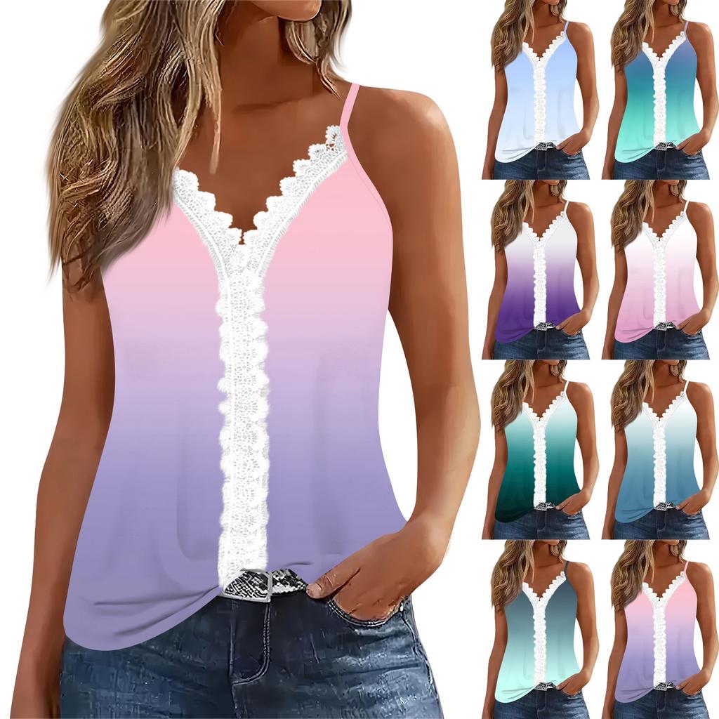 Dámský plážový top bez rukávů s krajkovým výstřihem a ramínkem do V